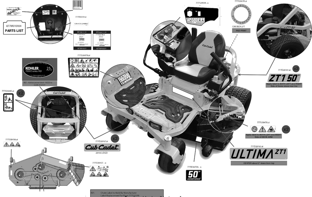Label Map Diagram and Parts List for ZT1-50KH (17CLA10)(2022) Cub Cadet Lawn Tractor